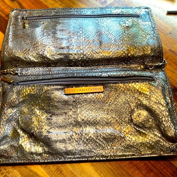 Inge Christopher Leather Metallic Snake Skin Embossed Clutch/Shoulder Bag. P25